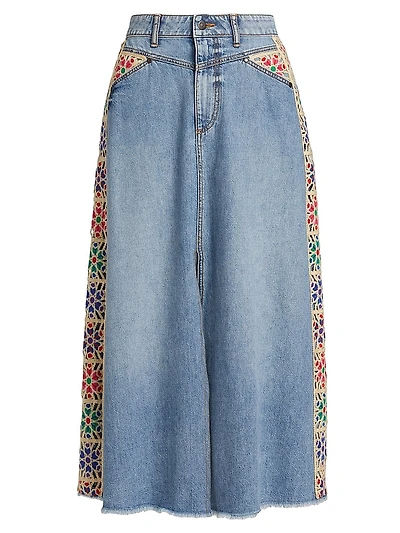 Morgann Floral-Embroidered Cotton Denim Midi-Skirt