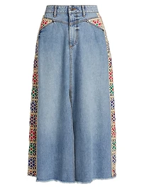 Morgann Floral-Embroidered Cotton Denim Midi-Skirt