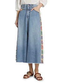 Morgann Floral-Embroidered Cotton Denim Midi-Skirt