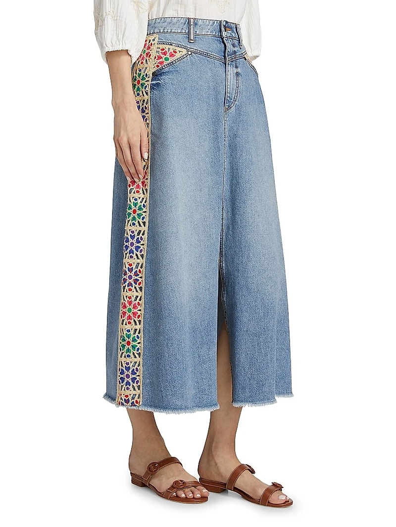 Morgann Floral-Embroidered Cotton Denim Midi-Skirt