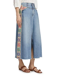 Morgann Floral-Embroidered Cotton Denim Midi-Skirt