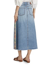 Morgann Floral-Embroidered Cotton Denim Midi-Skirt