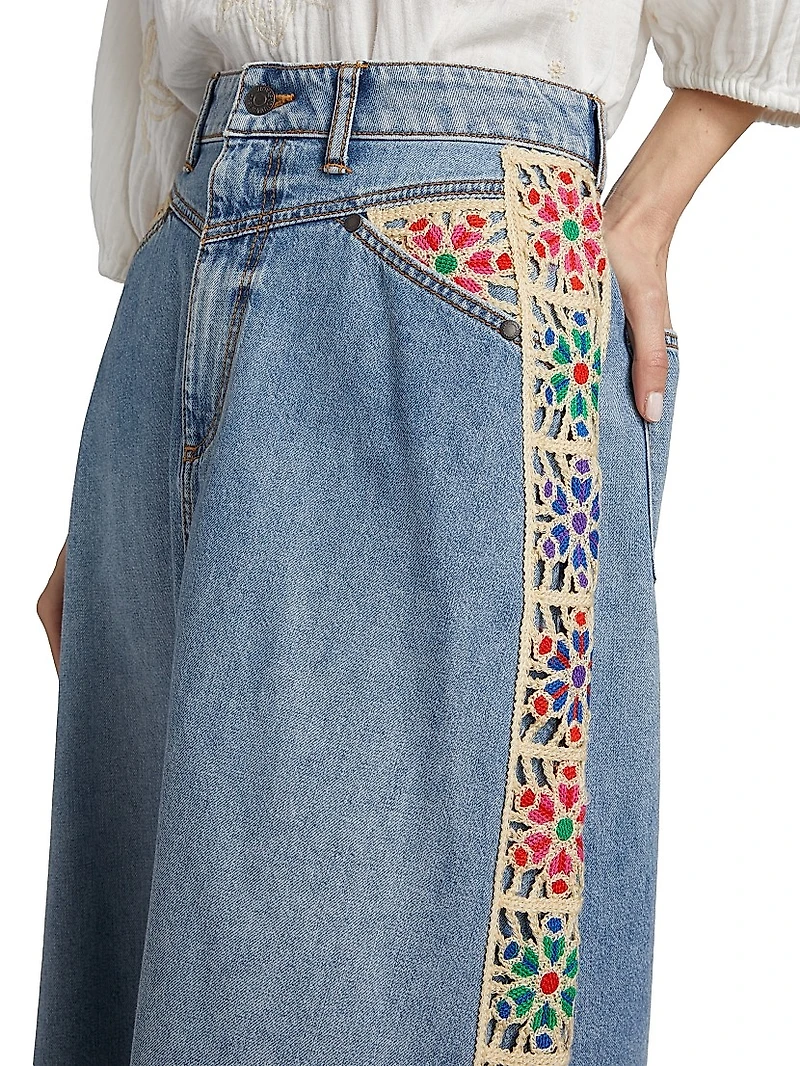 Morgann Floral-Embroidered Cotton Denim Midi-Skirt