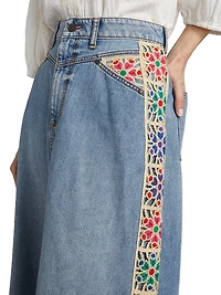 Morgann Floral-Embroidered Cotton Denim Midi-Skirt
