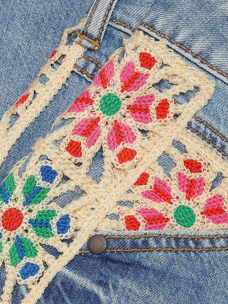 Morgann Floral-Embroidered Cotton Denim Midi-Skirt