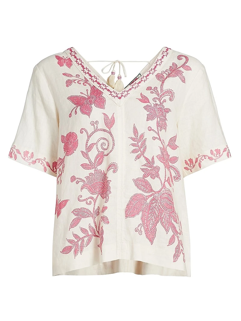 Printed Linen V-Neck Blouse