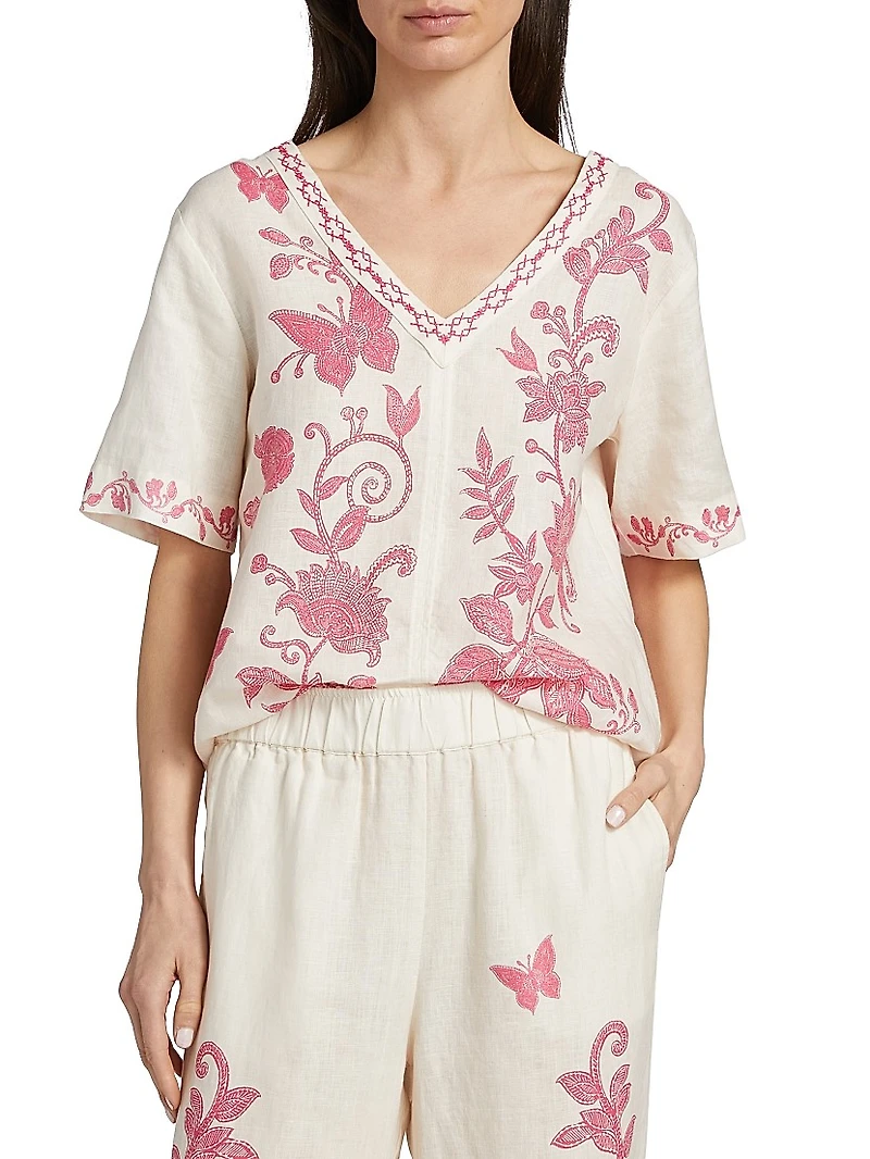 Printed Linen V-Neck Blouse