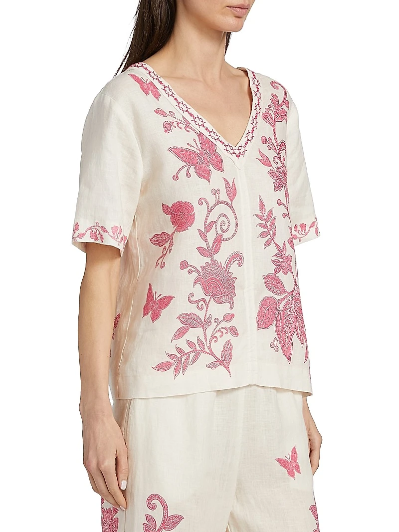 Printed Linen V-Neck Blouse