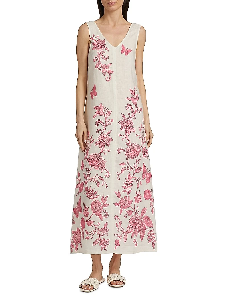 Printed Linen V-Neck Maxi Dress