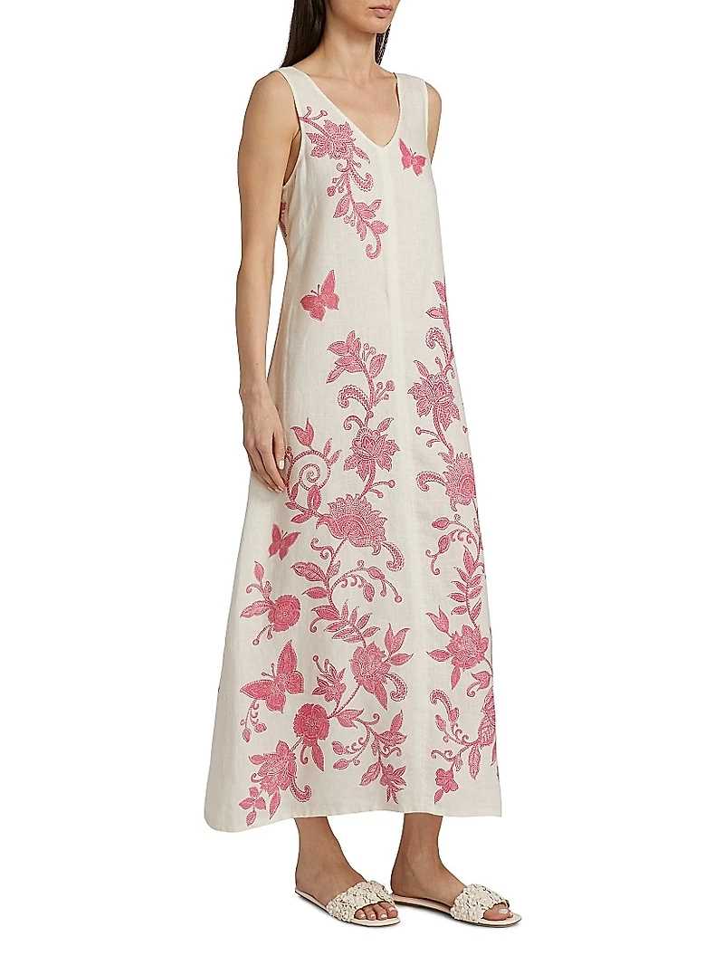 Printed Linen V-Neck Maxi Dress