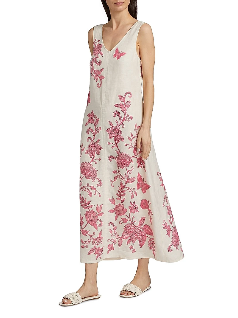 Printed Linen V-Neck Maxi Dress