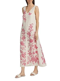 Printed Linen V-Neck Maxi Dress