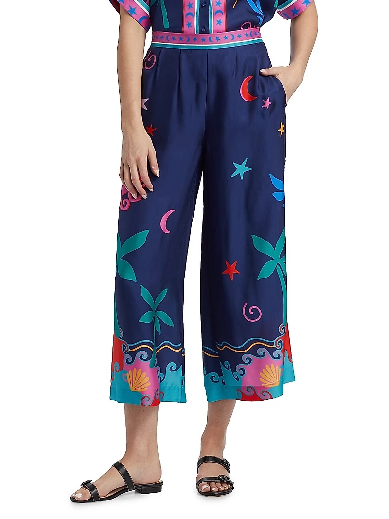 Julissa Celestial Print Silk-Blend Crop Pants