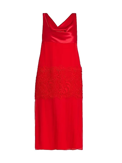 Cowlneck Silk Lace Midi-Dress