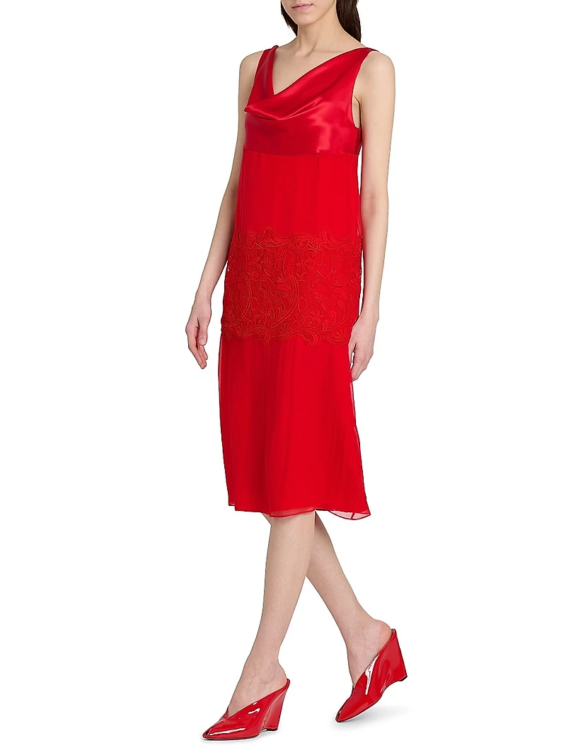 Cowlneck Silk Lace Midi-Dress