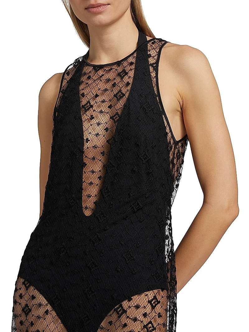 Diamond-Embroidered Sheer Midi-Dress