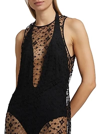 Diamond-Embroidered Sheer Midi-Dress