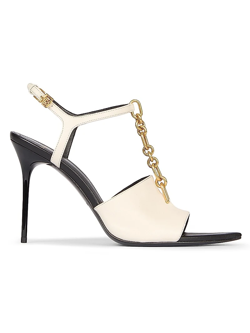 95MM Chain-Link & Leather T-Strap Sandals