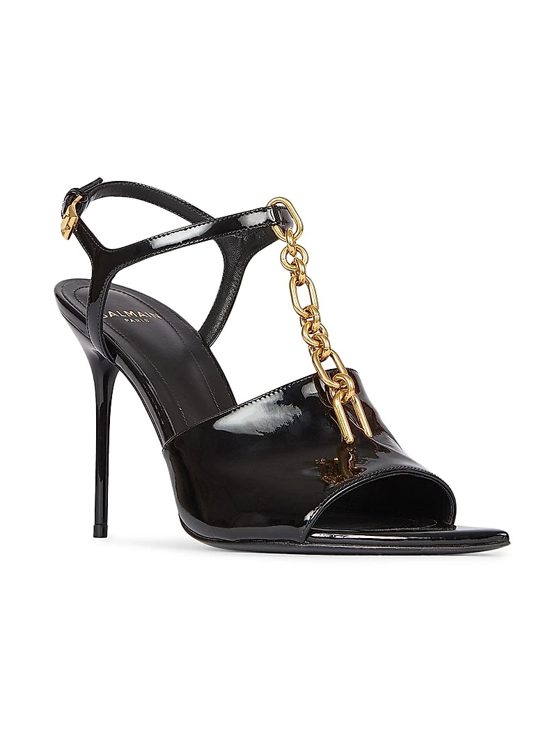 95MM Chain-Link & Patent Leather T-Strap Sandals