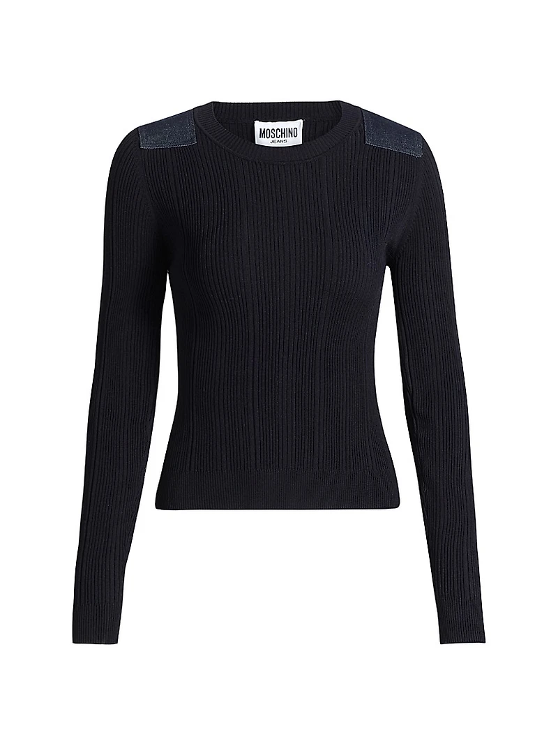 Denim Patch Rib-Knit Long-Sleeve Sweater