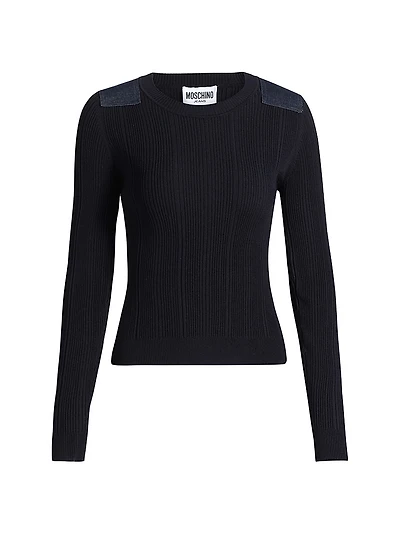 Denim Patch Rib-Knit Long-Sleeve Sweater