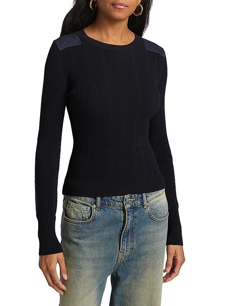 Denim Patch Rib-Knit Long-Sleeve Sweater