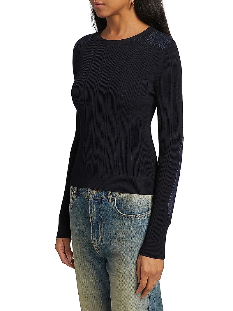 Denim Patch Rib-Knit Long-Sleeve Sweater