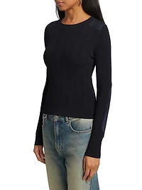 Denim Patch Rib-Knit Long-Sleeve Sweater