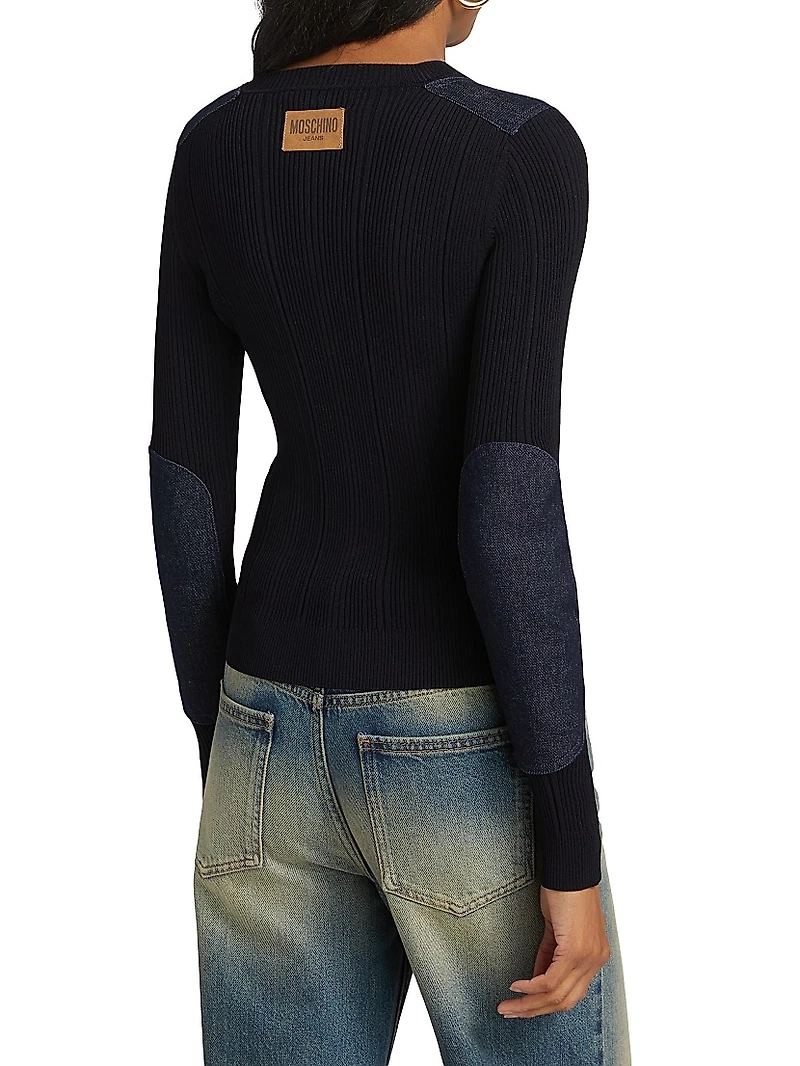 Denim Patch Rib-Knit Long-Sleeve Sweater