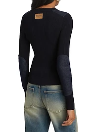 Denim Patch Rib-Knit Long-Sleeve Sweater
