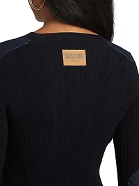 Denim Patch Rib-Knit Long-Sleeve Sweater