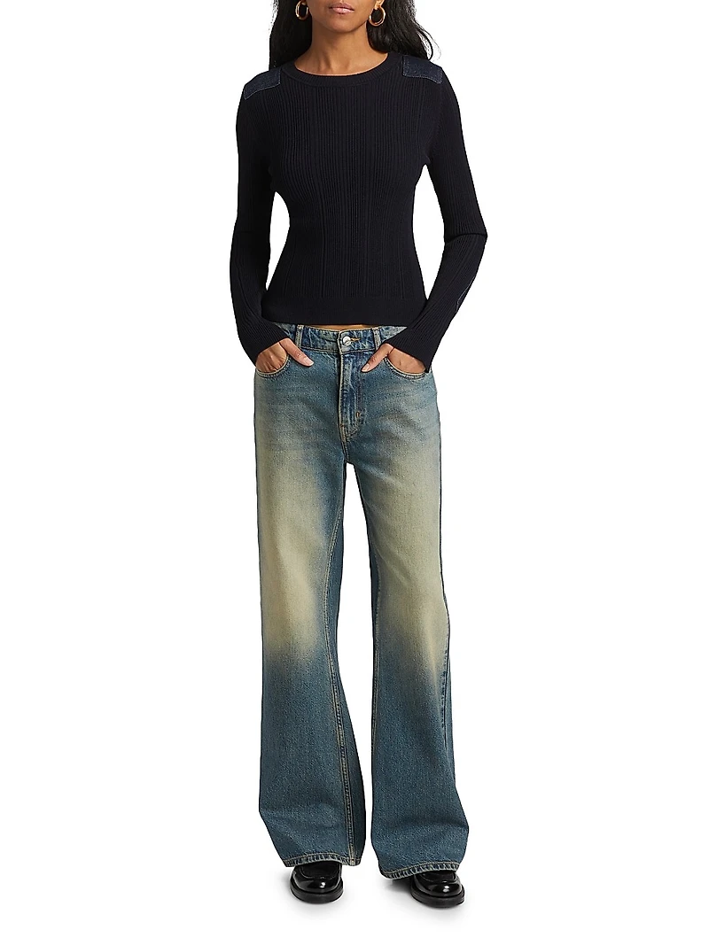 Denim Patch Rib-Knit Long-Sleeve Sweater