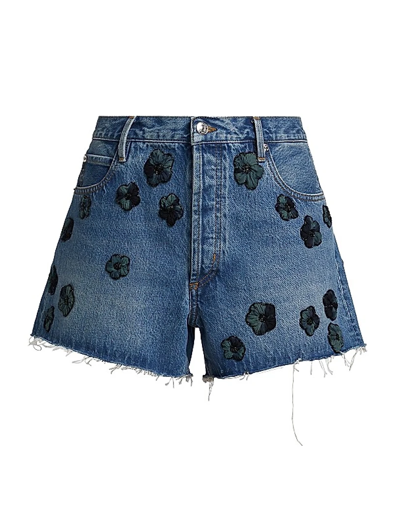 Flower-Appliquéd Cotton Denim High-Rise Shorts