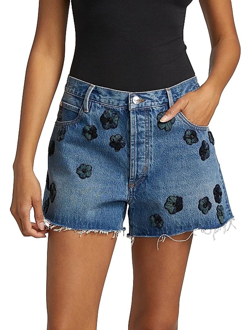 Flower-Appliquéd Cotton Denim High-Rise Shorts