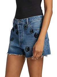 Flower-Appliquéd Cotton Denim High-Rise Shorts