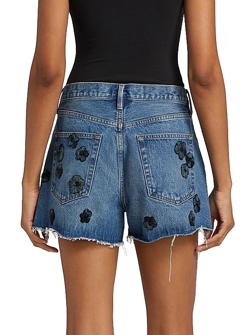 Flower-Appliquéd Cotton Denim High-Rise Shorts