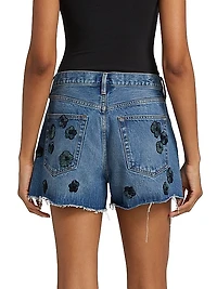 Flower-Appliquéd Cotton Denim High-Rise Shorts