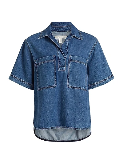 Stretch-Cotton Denim High-Low Shirt