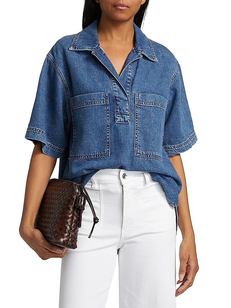 Stretch-Cotton Denim High-Low Shirt