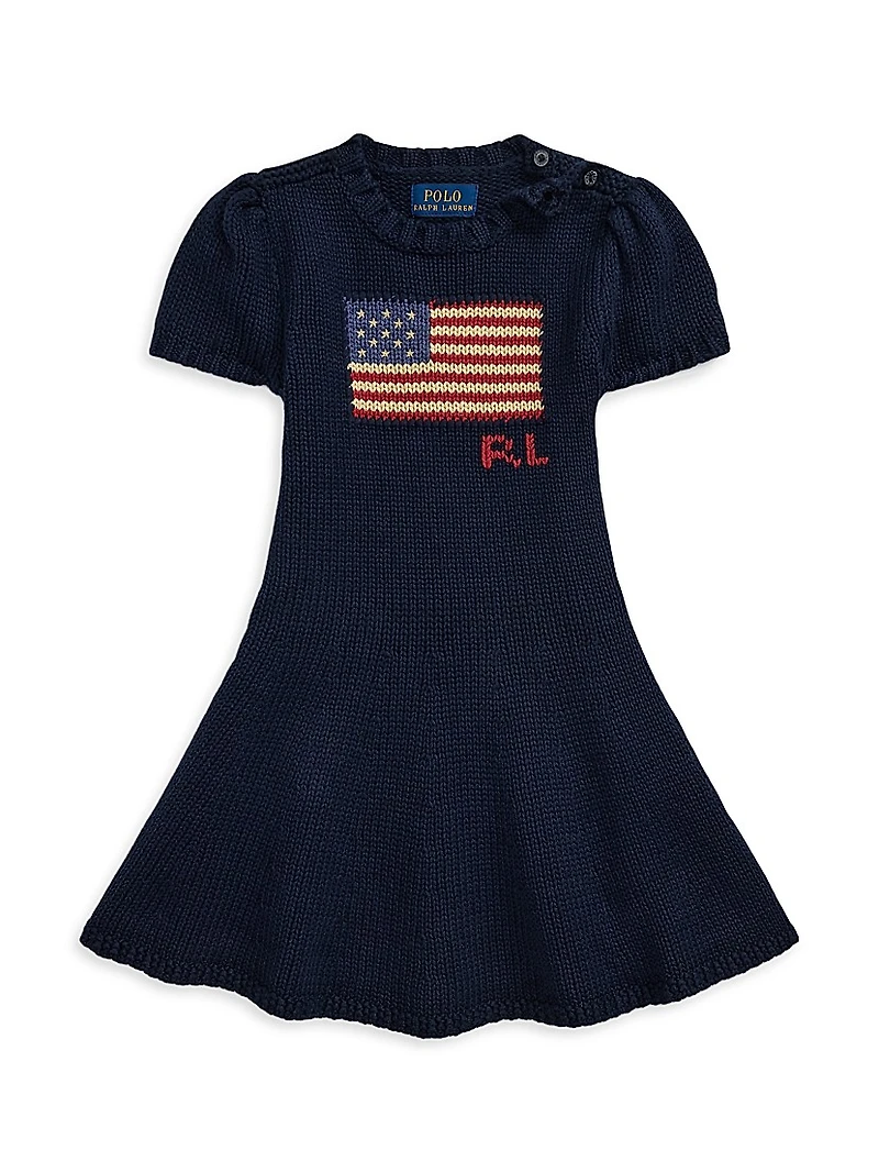 Little Girl's & Flag Puff-Sleeve Sweater Dress