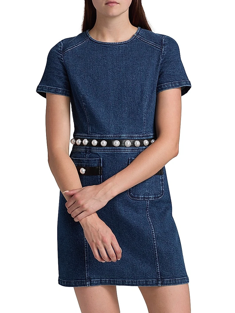 Giana Denim Pearl-Embellished Minidress