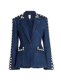 Milly Imitation Pearl-Embellished Denim Blazer