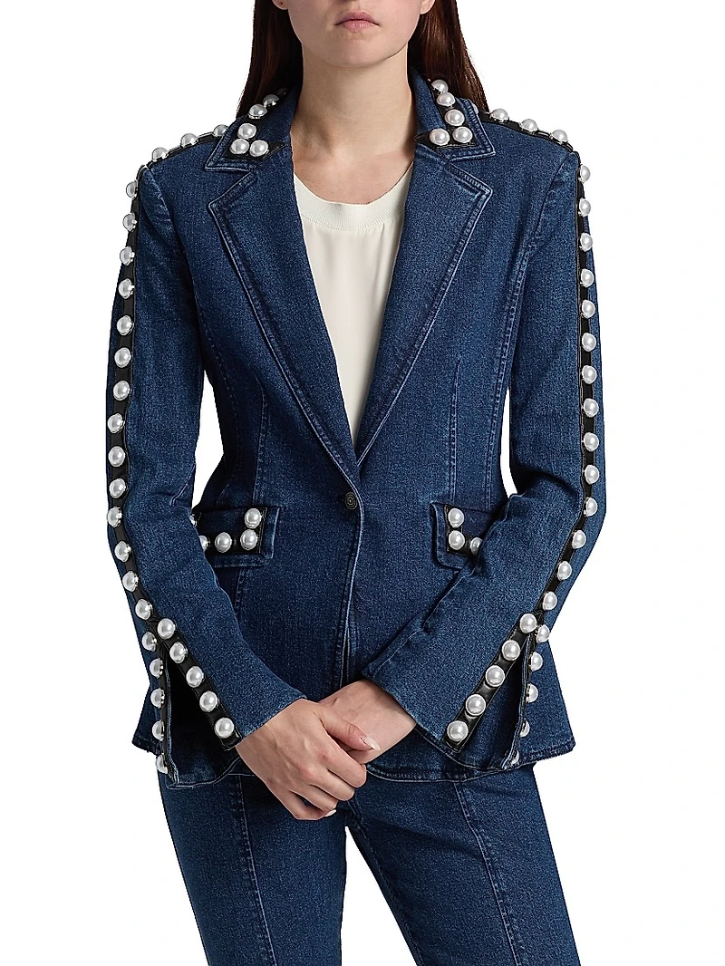 Milly Imitation Pearl-Embellished Denim Blazer