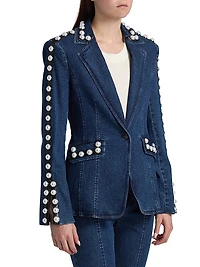 Milly Imitation Pearl-Embellished Denim Blazer