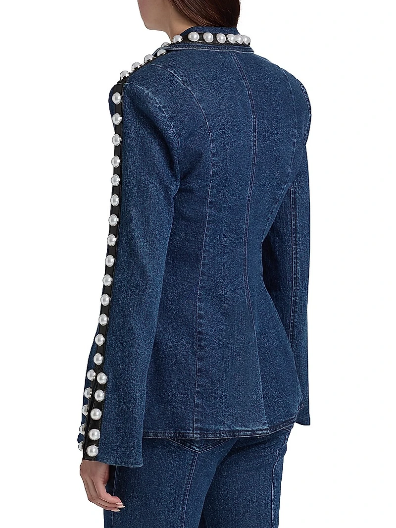 Milly Imitation Pearl-Embellished Denim Blazer