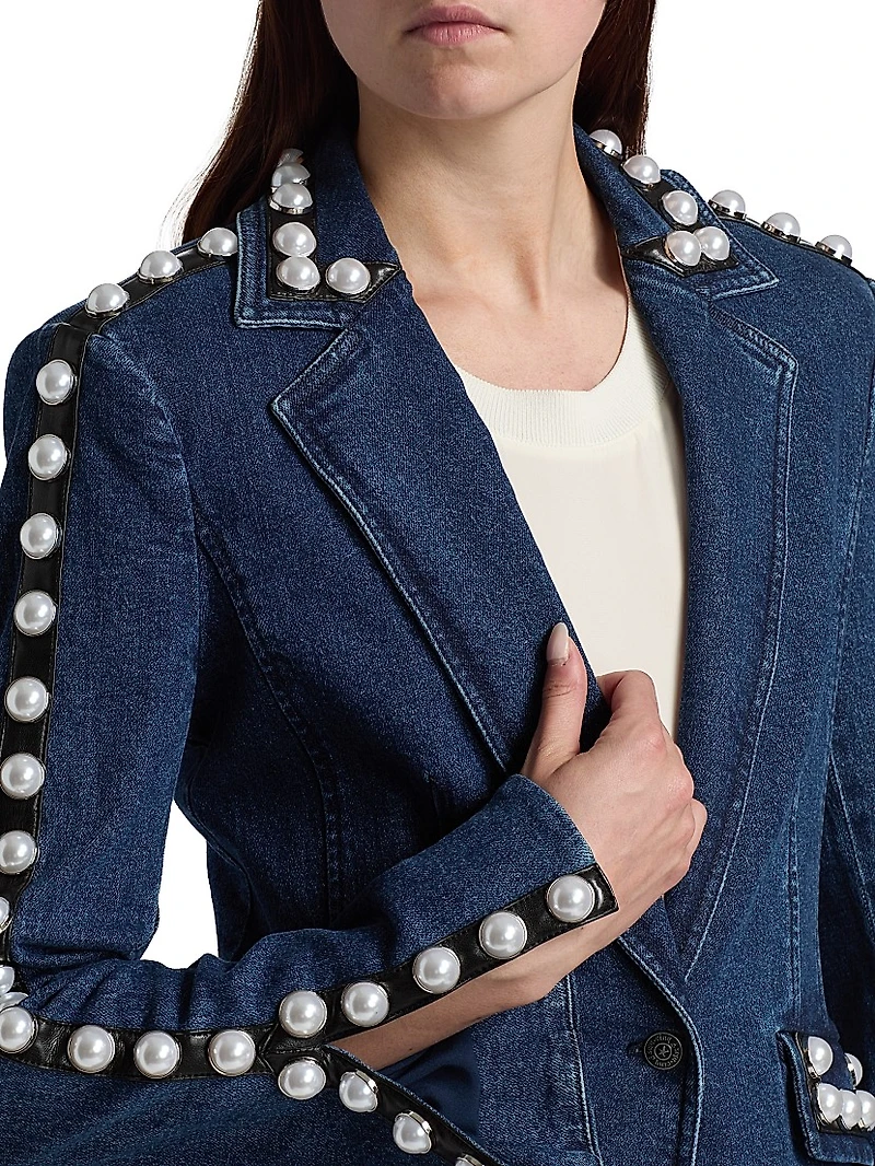 Milly Imitation Pearl-Embellished Denim Blazer