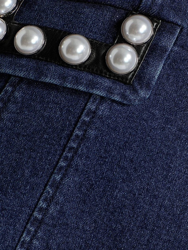 Milly Imitation Pearl-Embellished Denim Blazer
