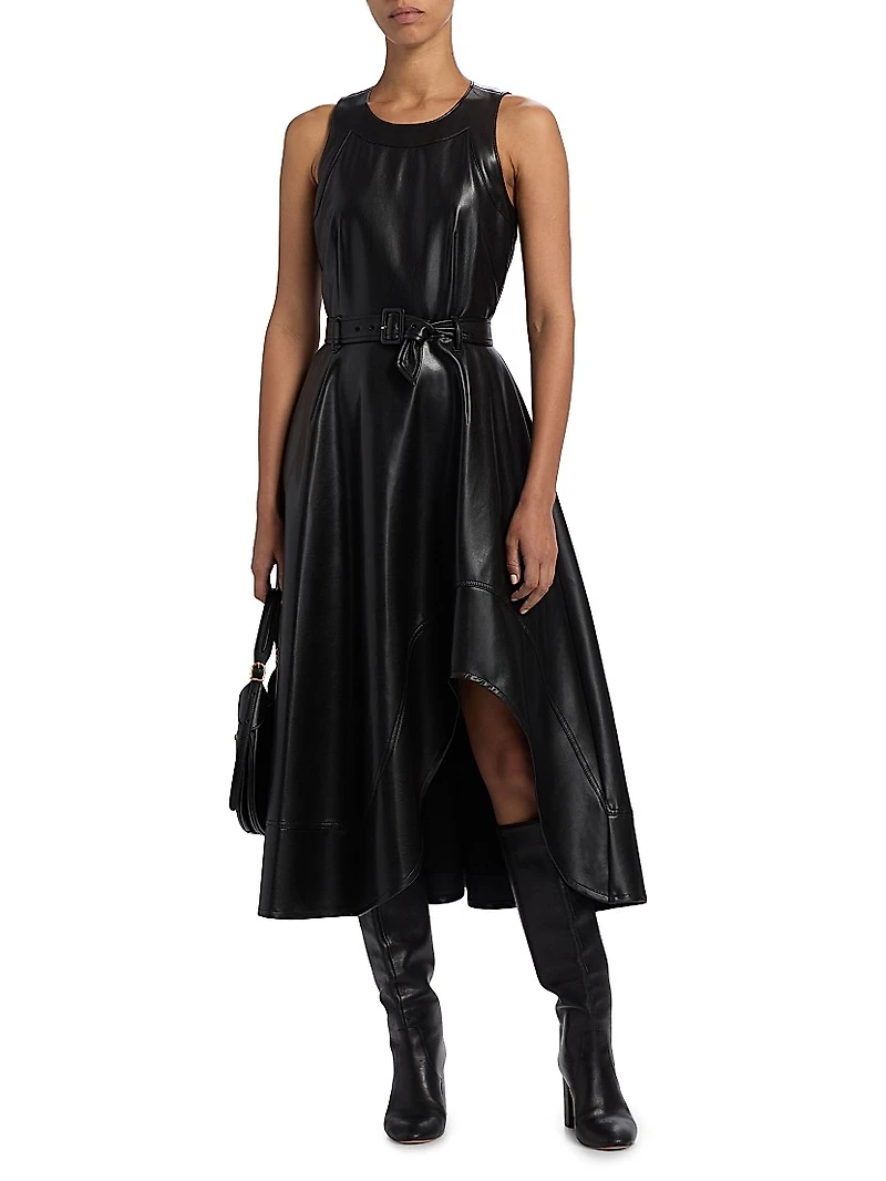 Zelda Faux-Leather High-Low Midi-Dress
