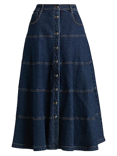 Wilhelmina Tiered Button-Front Denim Midi-Skirt