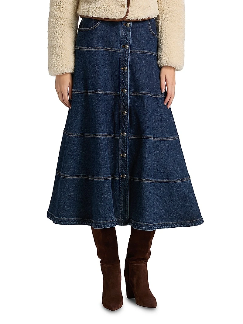 Wilhelmina Tiered Button-Front Denim Midi-Skirt